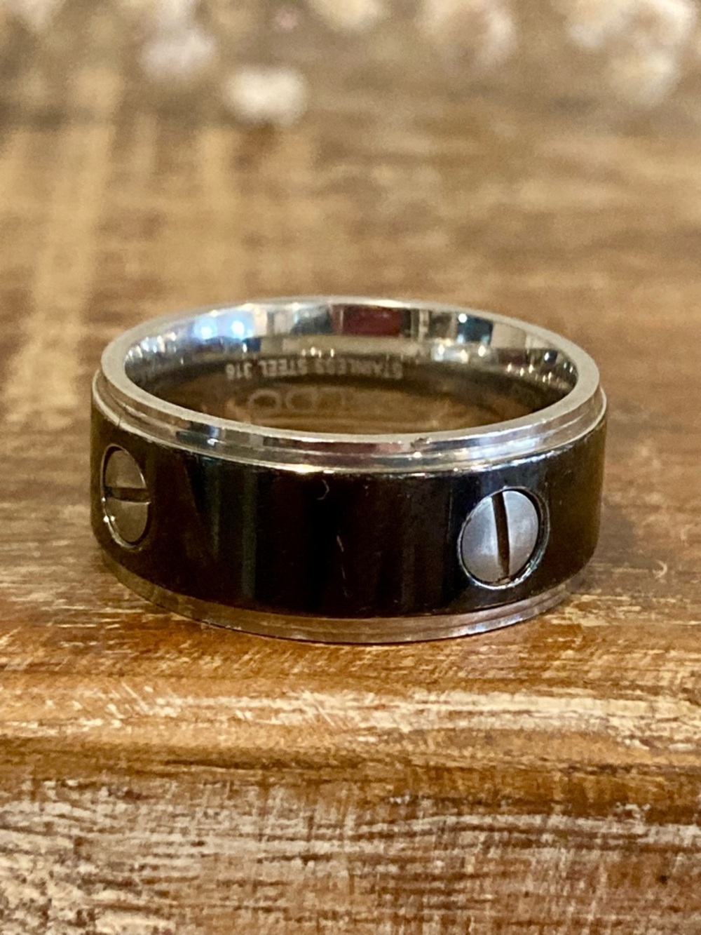 Aldo Black and Silver Screw Accent Men's Ring Size 8.5